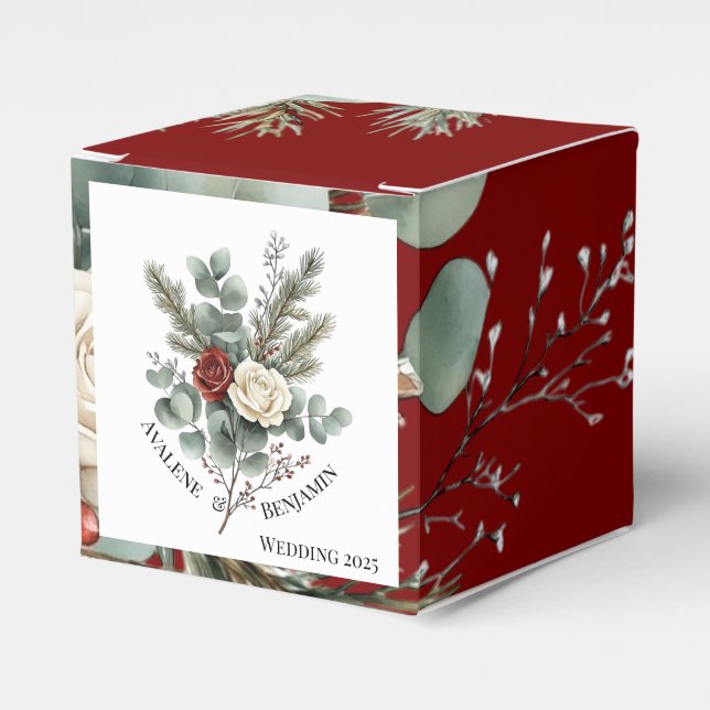 Floral Red White Christmas Rose Wedding  Favor Boxes (Front Side)