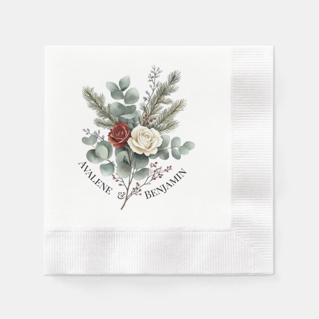 Floral Red White Christmas Roses Wedding Napkins (Front)