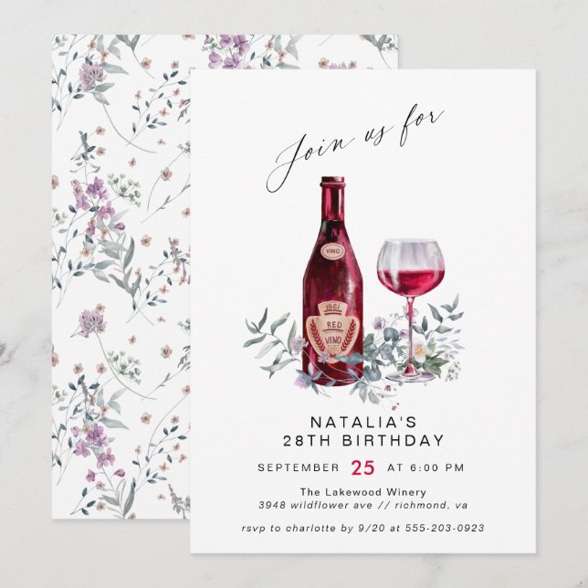 Floral Red Wine Tasting | Modern Women's Birthday Invitation (Front/Back)
