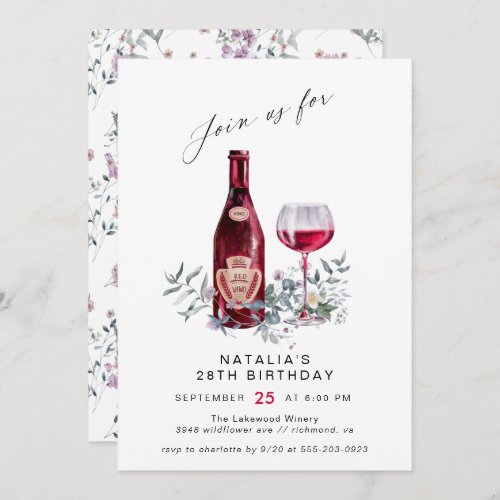 Floral Red Wine Tasting  Modern Womens Birthday Invitation