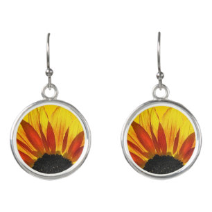 Floral Red Yellow Black Sunflower Drop Earrings