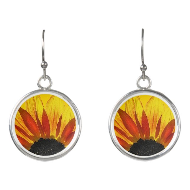 Floral Red Yellow Black Sunflower Drop Earrings (Front)