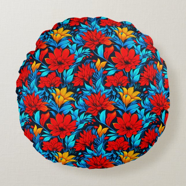 Floral Red yellow Flowers Pattern-13075 Round Pillow (Front)