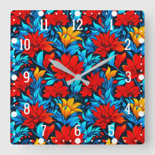 Floral Red yellow Flowers Pattern-13075 Square Wall Clock
