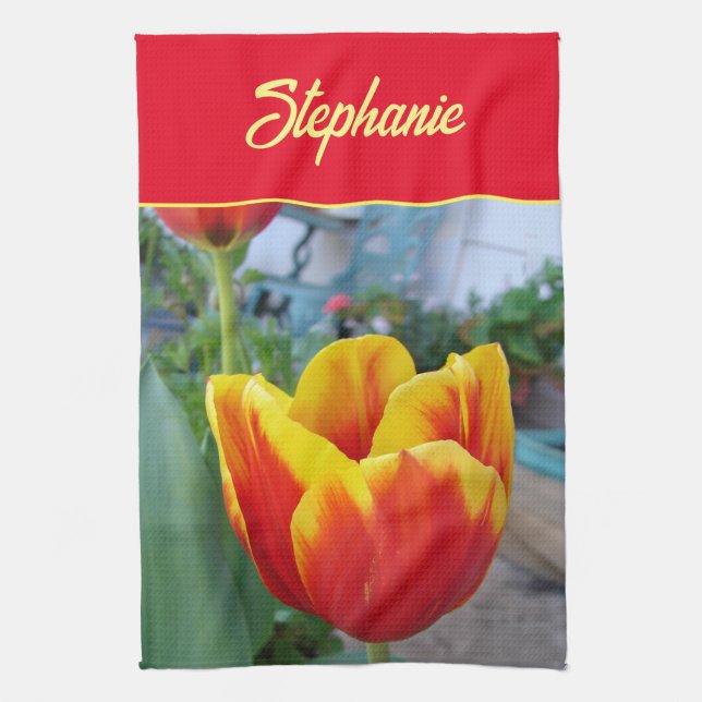 Floral Red Yellow Tulip Don't Worry Be Happy Kitchen Towel (Vertical)