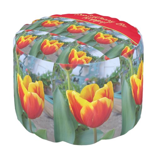Floral Red Yellow Tulip Dont Worry Be Happy Pouf
