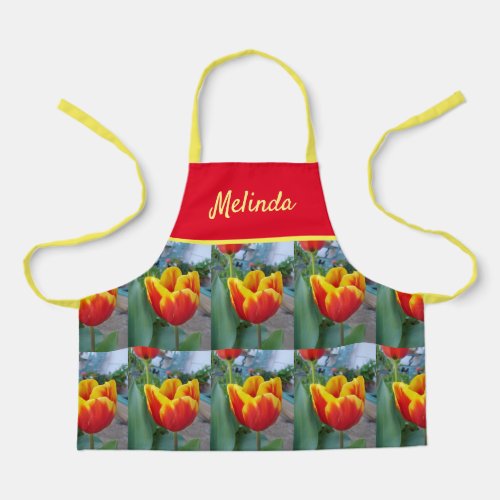 Floral Red Yellow Tulip Flower Girls Kids Apron