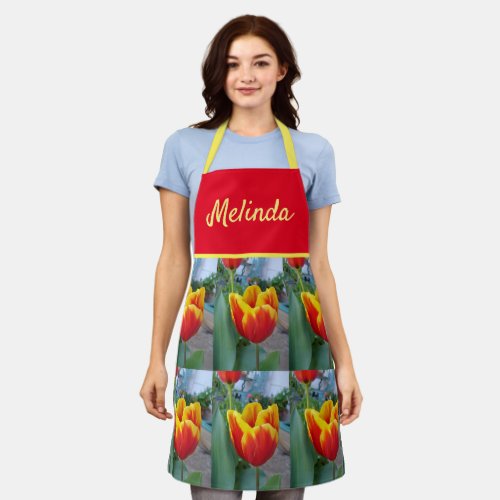 Floral Red Yellow Tulip Flower Womans Apron
