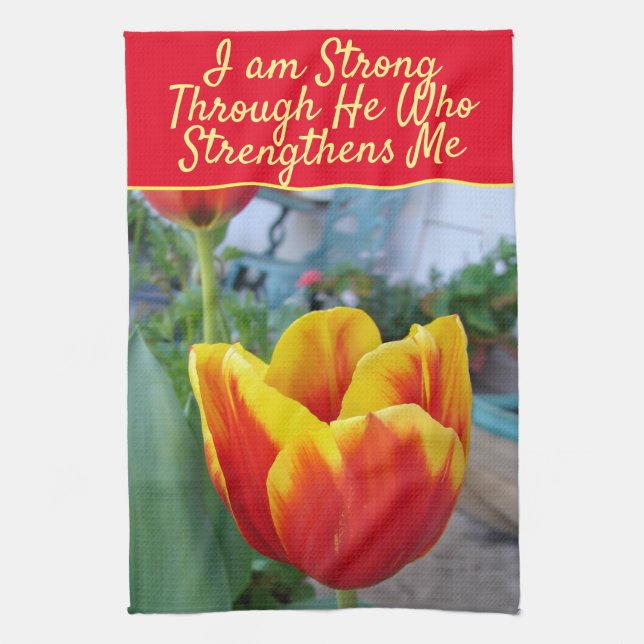 Floral Red Yellow Tulip God Quote I Am Strong Kitchen Towel (Vertical)