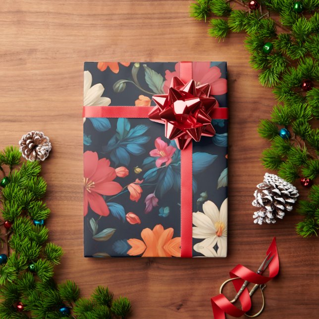 Floral reds and blues on black wrapping paper (Holiday Gift)