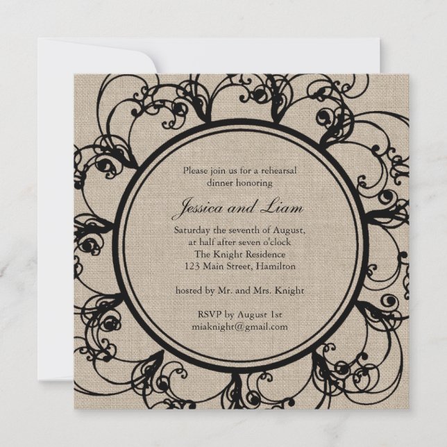Floral Rehearsal Dinner Invitation on burlap (Front)