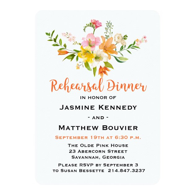 Floral Rehearsal Dinner Lily Flowers Orange, Green Invitation