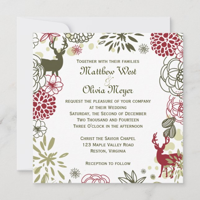 Floral Reindeer Christmas Wedding Invitation (Front)