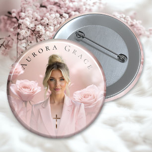 Floral Remembrance Memorial Badge Pink Roses Button