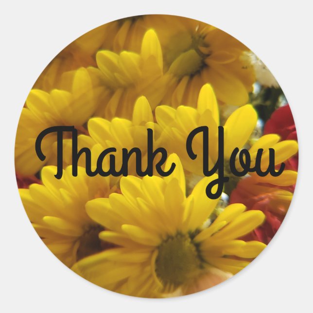 Floral Repeating Yellow Daises Thank You Classic Round Sticker (Front)