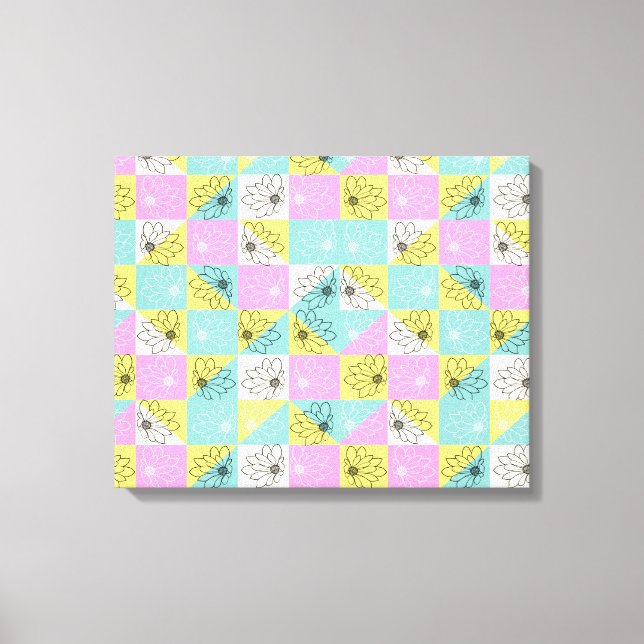 Floral retro 70s pastel checkerboard pink teal canvas print (Front)