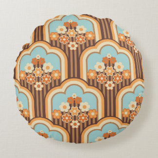 Floral Retro: 70s Wallpaper Revival Round Pillow