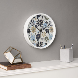 Floral Retro Blue Pattern Decor Clock