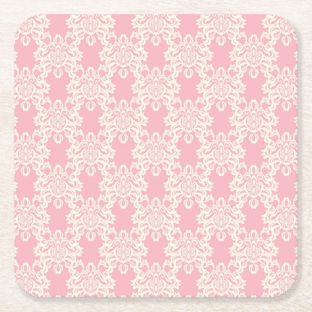 Floral retro damask square paper coaster (Front)
