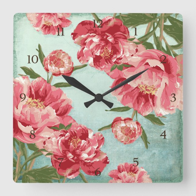 Floral Retro Flower Red Pink Peonies Personalized Square Wall Clock (Front)