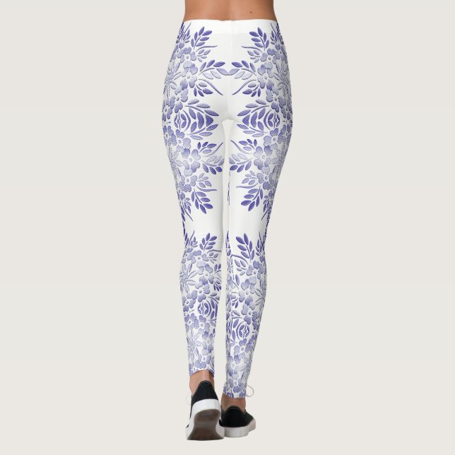 Floral retro grunge  navy pattern leggings (Back)