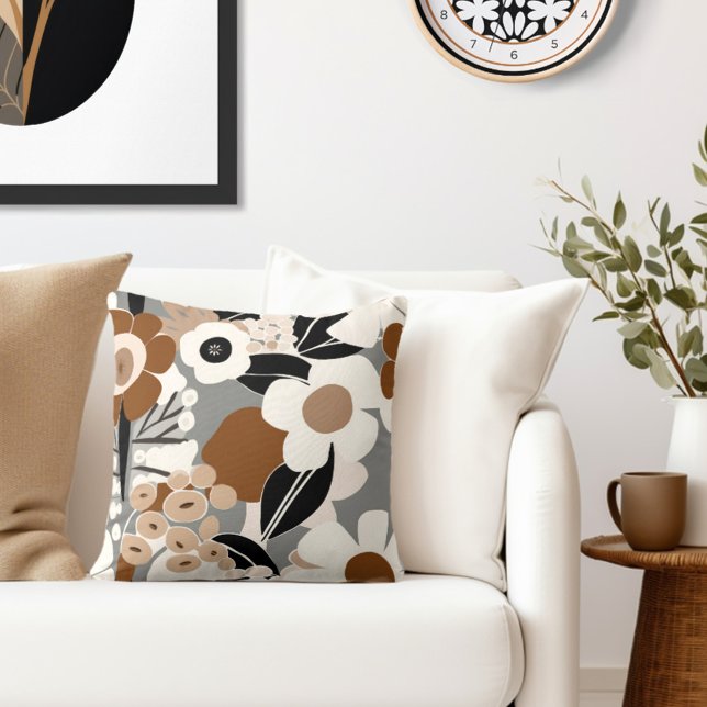 Floral Retro Mid Century Modern Throw Pillow (Add a touch of retro floral elegance to your living space with our Wild on Flowers throw pillow. )