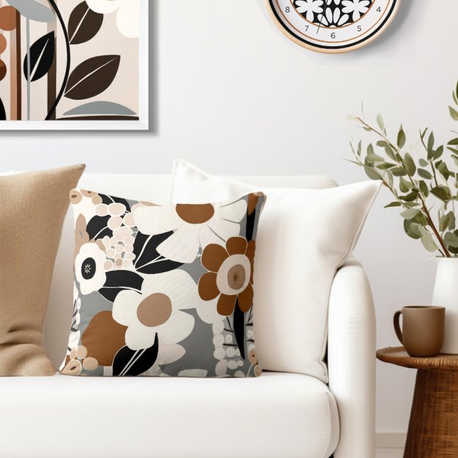 Floral Retro Mid Century Modern Throw Pillow (Style with the perfect blend of floral style & retro elegance to your living space.)