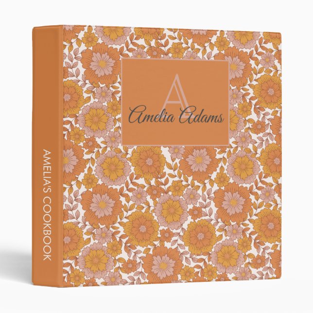 Floral Retro Monogram Recipie Cookbook  3 Ring Binder (Front/Spine)