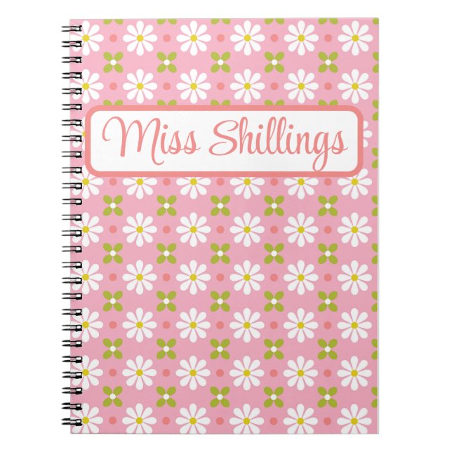 Floral Retro Pink and Green Personalized  Notebook (Front)