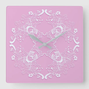 Floral retro pink lace design. square wall clock