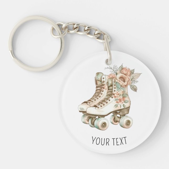 Floral Retro Roller Skates Cute Watercolor Design Keychain (Front)