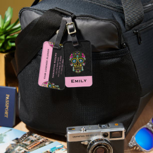 Floral Retro Sugar Skull Luggage Tag