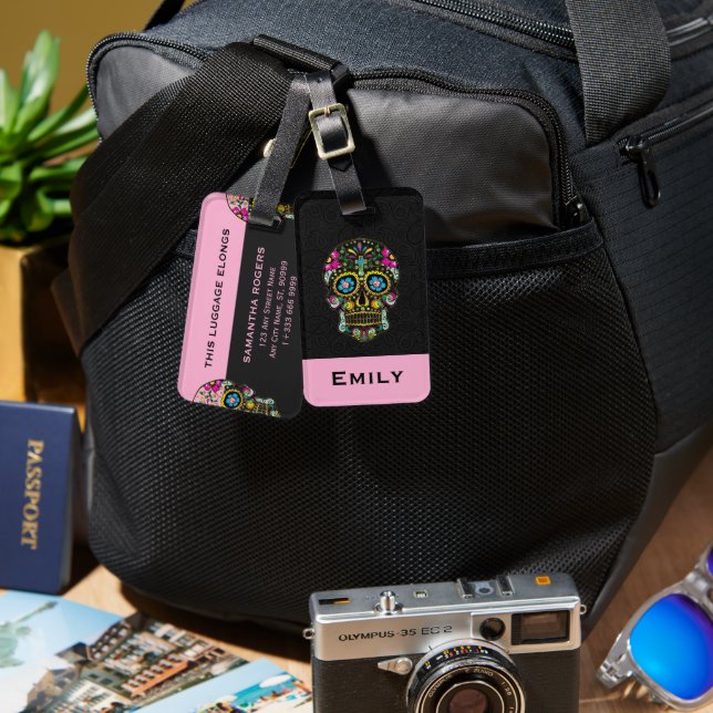 Floral Retro Sugar Skull Luggage Tag (Front & Back)