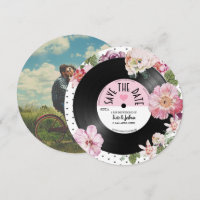 Floral retro vinyl Record Photo Save the Date Inv