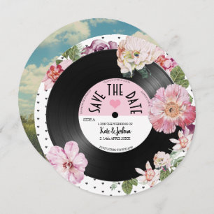 Floral retro vinyl Record Photo Save the Date Inv Invitation