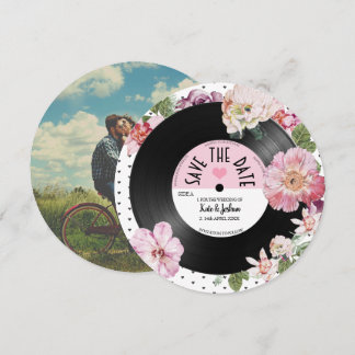 Floral retro vinyl Record Photo Save the Date  Inv Invitation