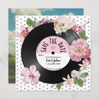 Floral retro vinyl Record Photo Save the Date   Invitation