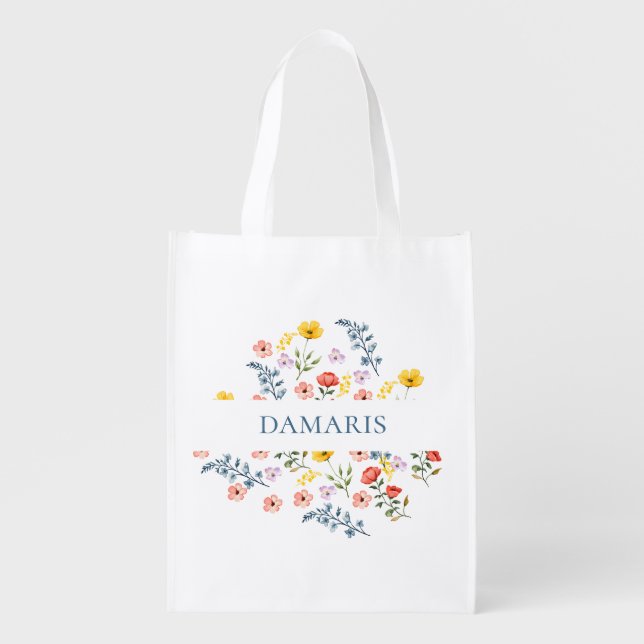 Floral Reusable Grocery Bag – Custom Name (Front)