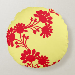 Floral Reversible Yellow Red Round Pillow
