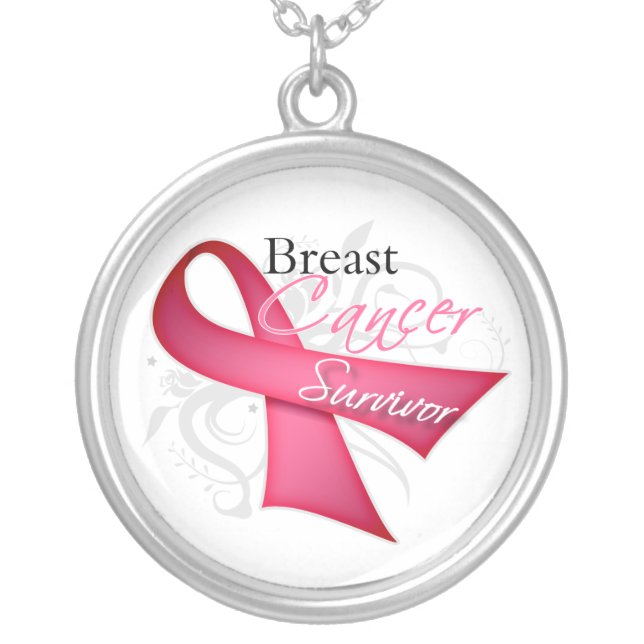 Floral Ribbon Breast Cancer Survivor Silver Plated Necklace (Front)