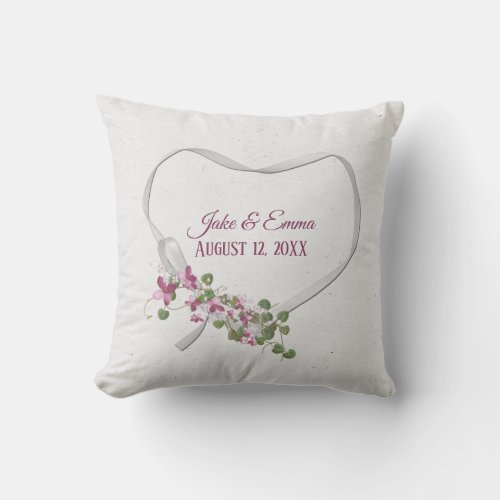 Floral Ribbon Heart with Wedding Date Throw Pillow