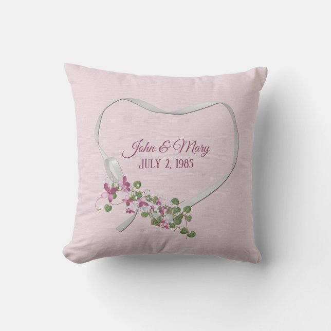Floral Ribbon Heart with Wedding Date Throw Pillow (Front)