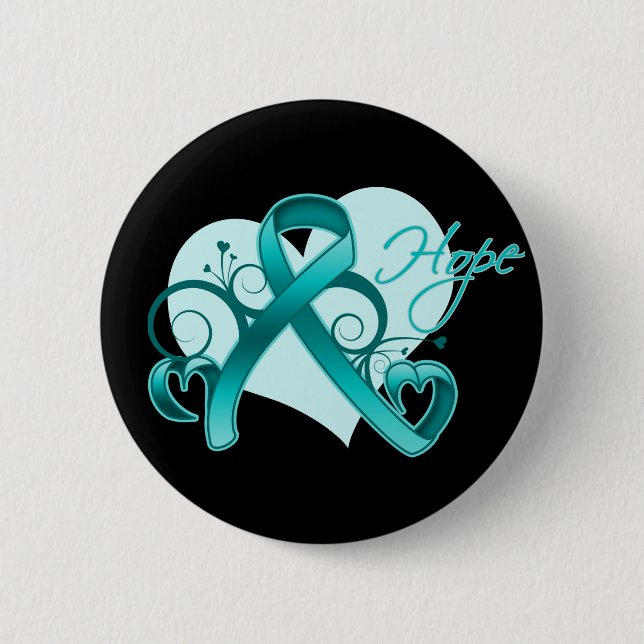 Floral Ribbon Hope - Teal Ribbon Pinback Button (Front)