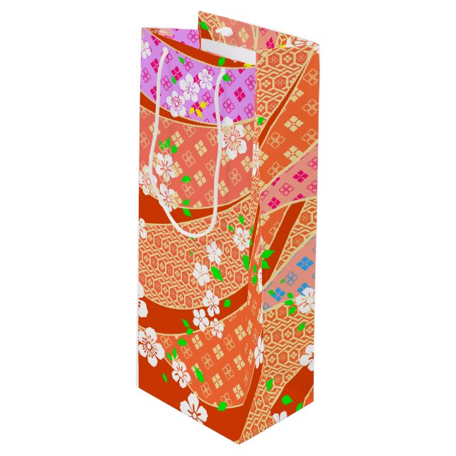 Floral Ribbon Kimono Pattern Wine Gift Bag (Front Angled)