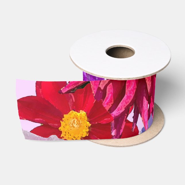 floral ribbon, pink floral ribbon, satin ribbon (Spool)