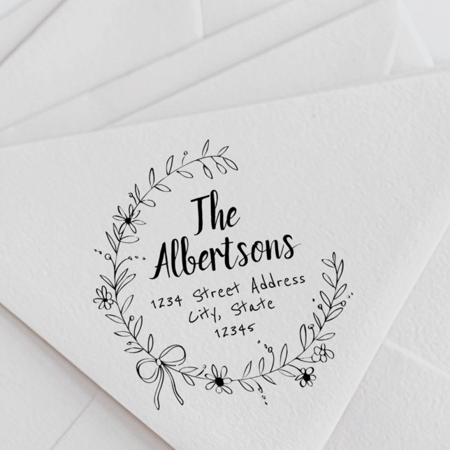 Floral Ribbon Wreath Family Name Return Address Rubber Stamp (Creator Uploaded)