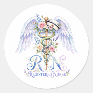 Floral RN Registered Nurse Angel Wings Watercolor Classic Round Sticker