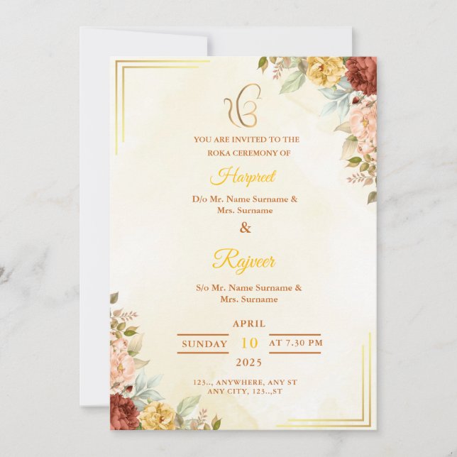 Floral Roka Ceremony Invitation, Engagement Card (Front)
