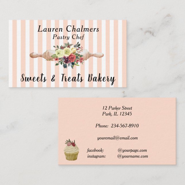 Floral Rolling Pin-Blush Pink Stripe-Pastry Chef Business Card (Front/Back)