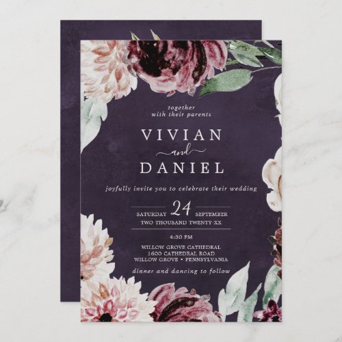 Floral Romance All In One  Plum Wedding Invitation